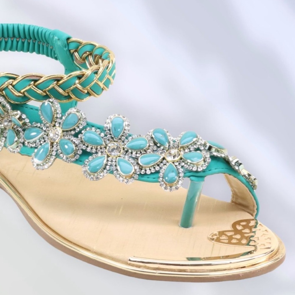 New Color! Italina Blue Floral Rhinestone Embellished Toe Ring Sandal - Picture 9 of 12